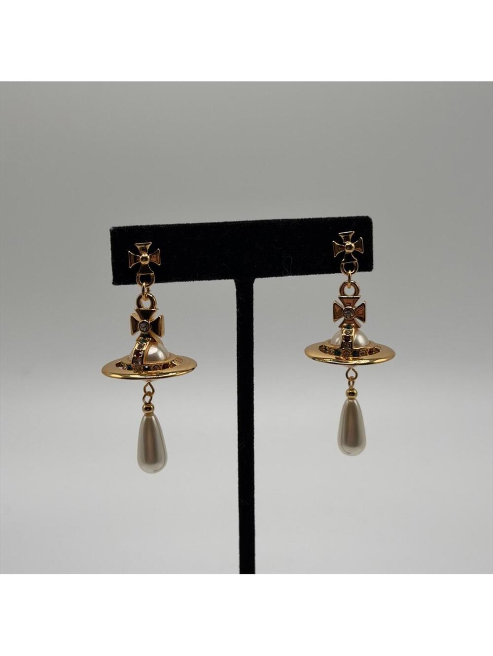 Vivienne Westwood Pearl & Crystal Orb Drop Earrings GoldTone - Picture 2 of 6